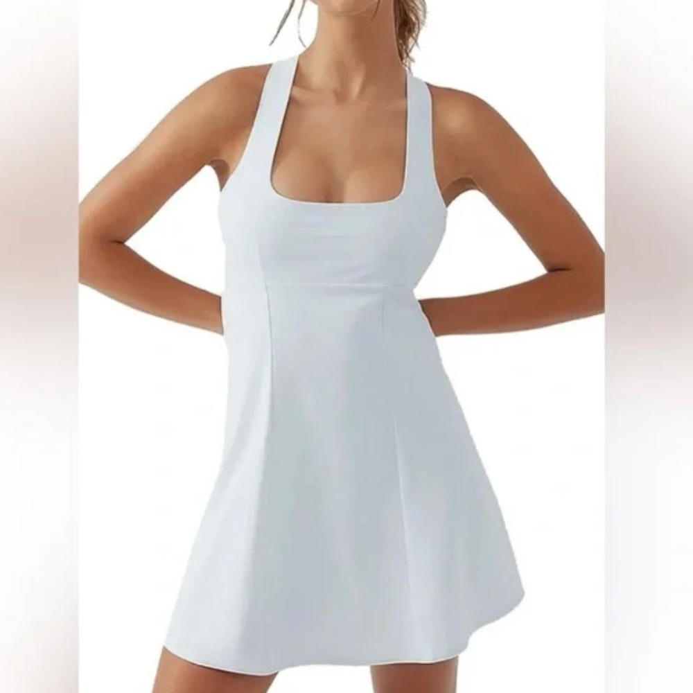 Outdoor Voices Cross Back Dress Built in Shorts Ice Melt Blue